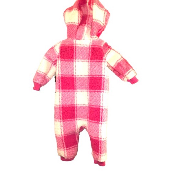 Carters Pink White Soft Plaid Sherpa Hooded Jumpsuit, snuggly bear ears 6mo NWT - Picture 2 of 12